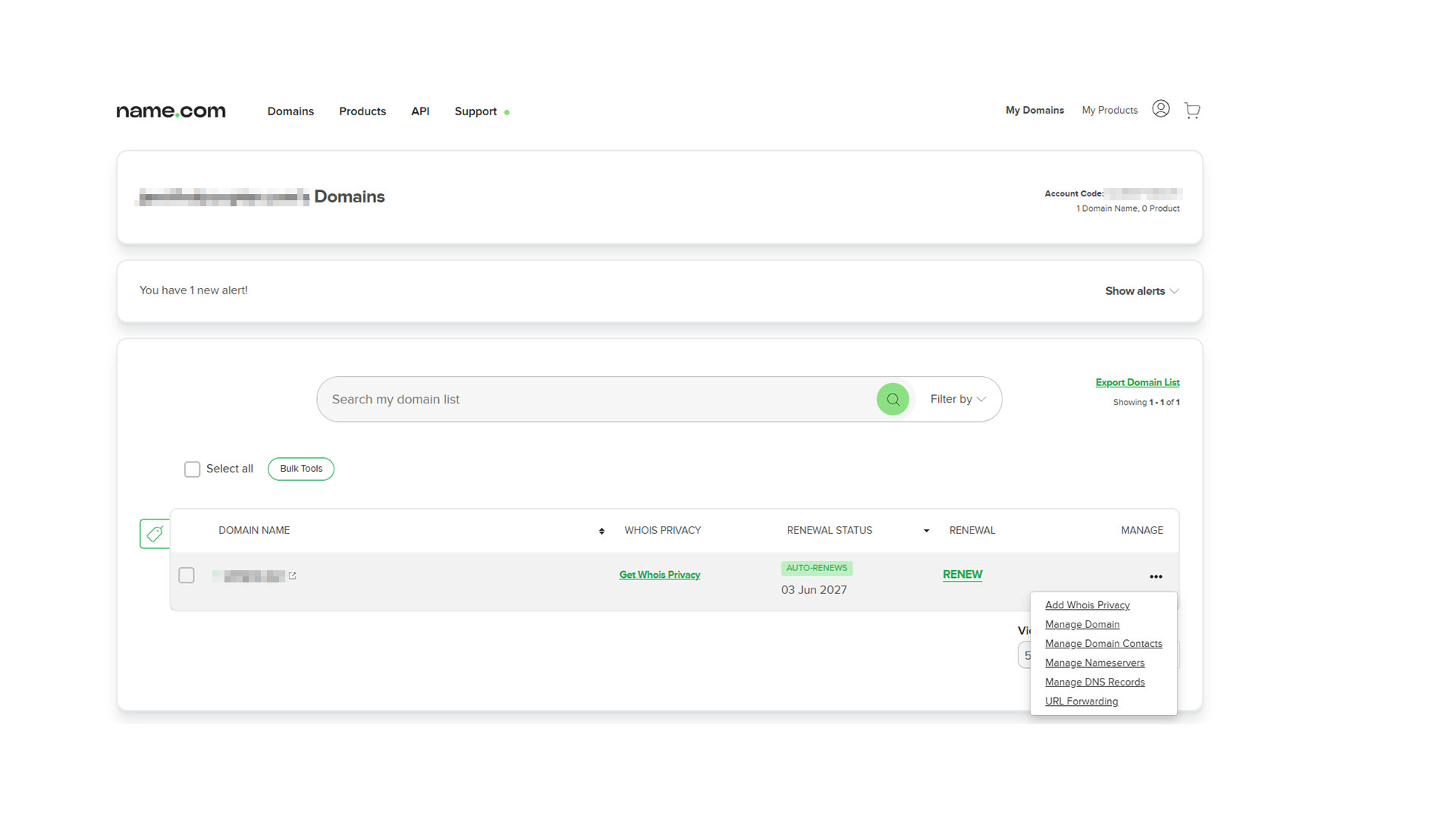 Name.com dashboard
