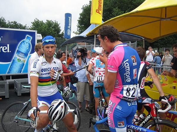 Not looking forward to today: World champ Tom Boonen chatting to Alessandro Ballan