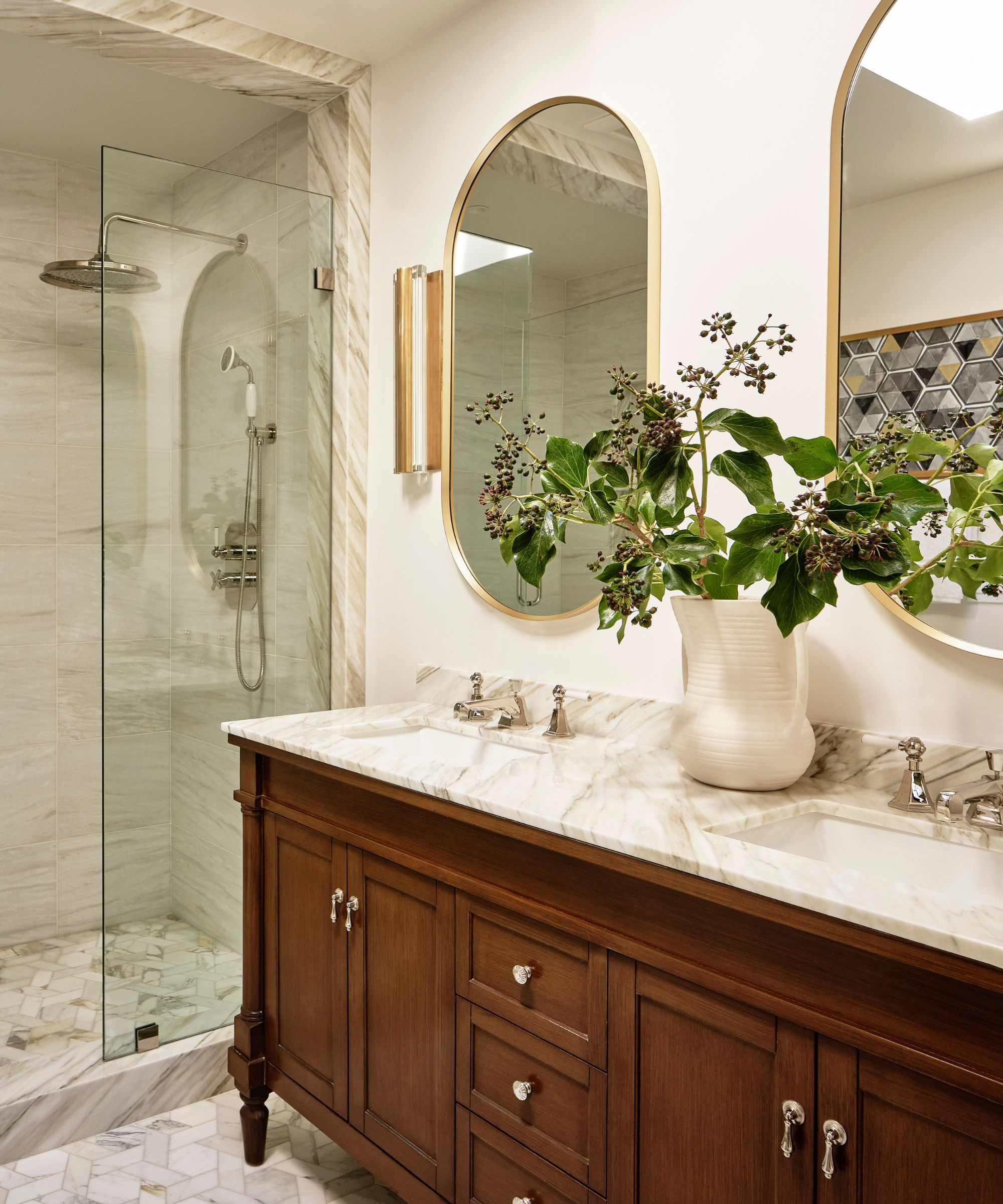 Bathroom painted in Benjamin Moore Chantilly Lace with a wooden bathroom vanity