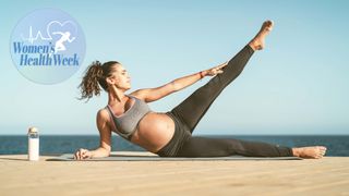 Women performing leg raise on her side next to ocean while pregnant, Women's Health badge top left