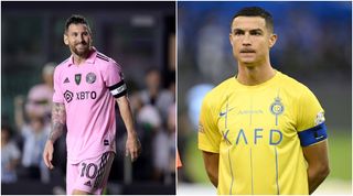 Cristiano Ronaldo and Lionel Messi #10 of Inter Miami CF reacts against the New York City FC during the first half in the Noche d'Or friendly match at DRV PNK Stadium on November 10, 2023 in Fort Lauderdale, Florida. (Photo by Megan Briggs/Getty Images)