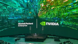 Antonio Neri on stage at HPE Discover 2024 keynote standing in front of a joint HPE and Nvidia logo