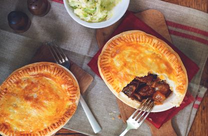 Steak and Guinness pies with sprout mash
