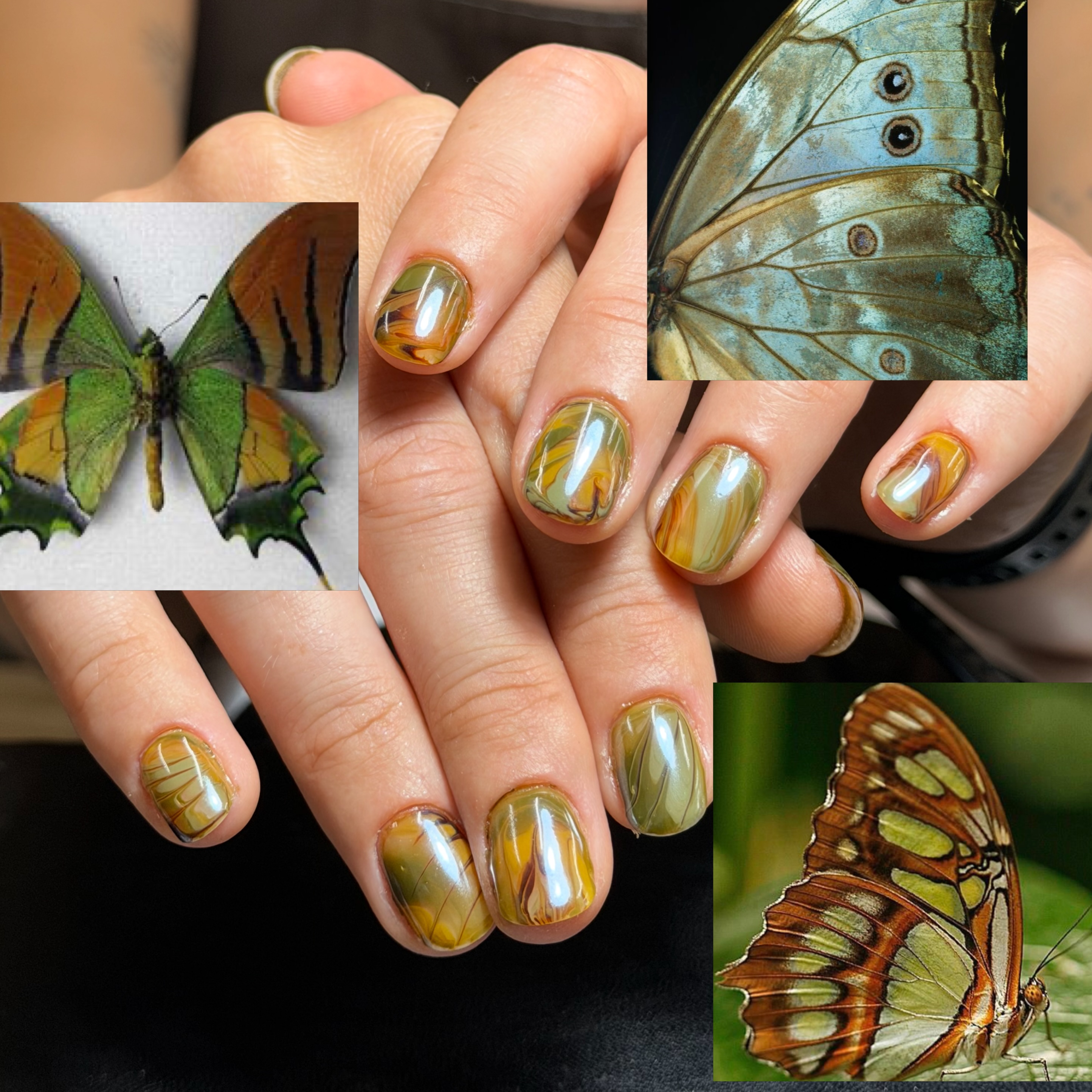 Short rounded nails with glossy green, amber, and gold butterfly-wing-inspired designs