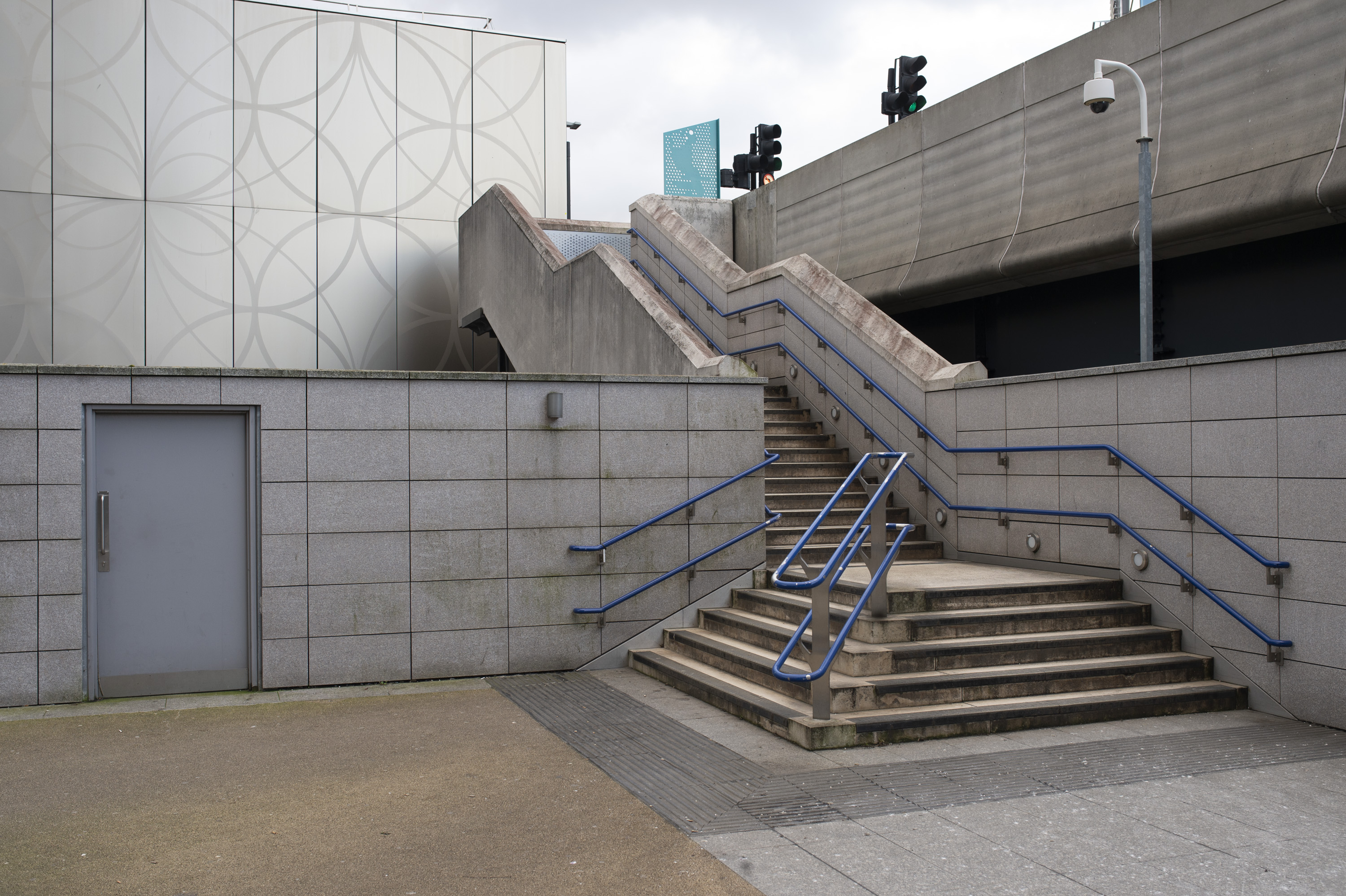 Gray urban scene with steps, void of people