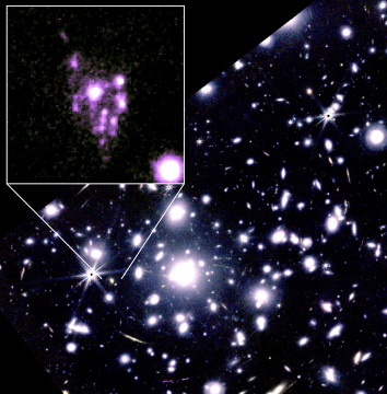 A cluster of purple and white glowing stars with a pullout showing some of this light be stretched and warped.