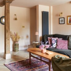 A light peach-painted living room with a vintage-style rug and wall lights pointed at framed art hung on the wall