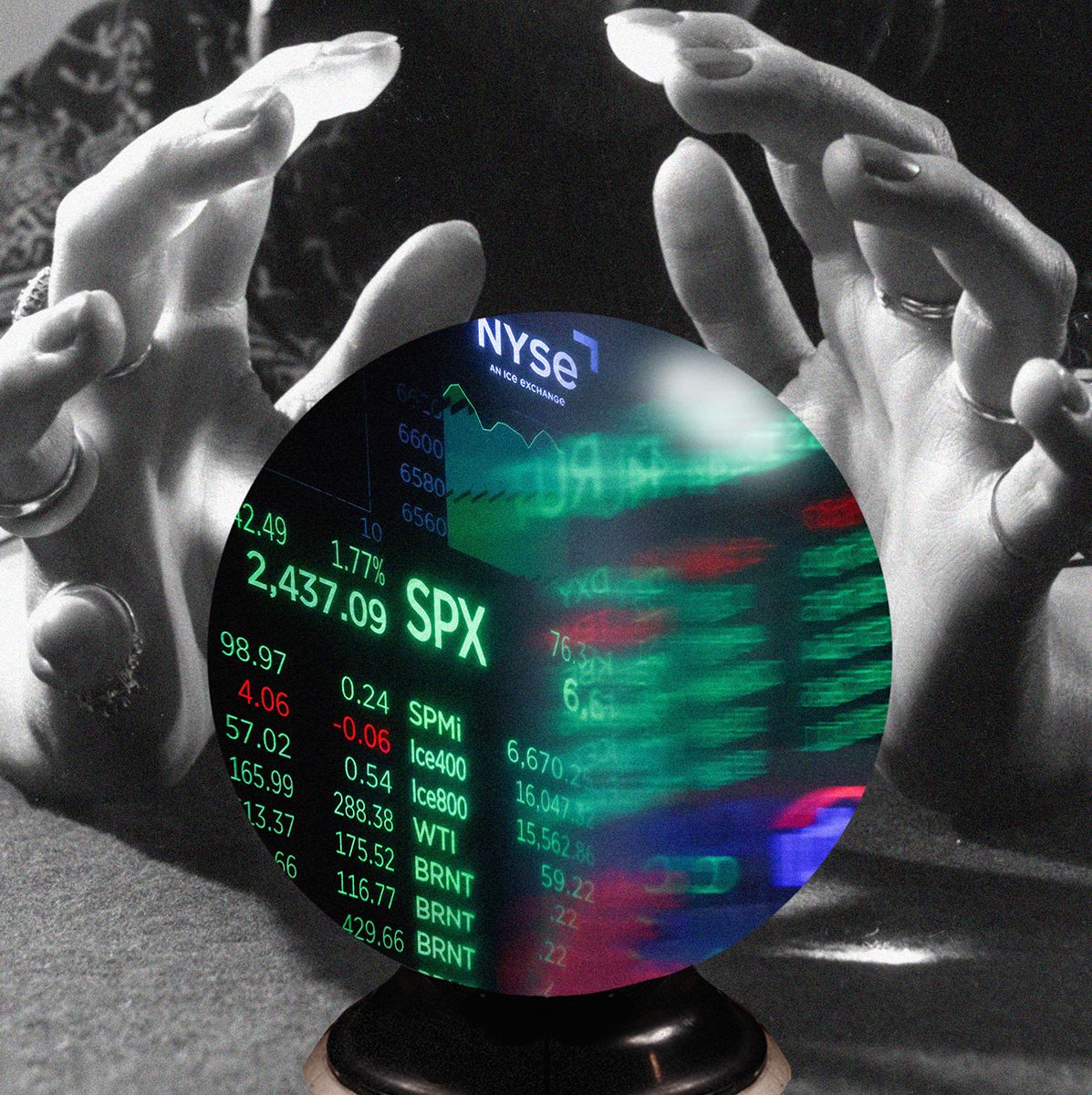 Black-and-white image of a person’s hands hovering over a glowing crystal ball displaying colorful stock market numbers and the NYSE ticker