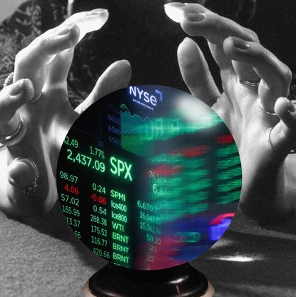 Black-and-white image of a person’s hands hovering over a glowing crystal ball displaying colorful stock market numbers and the NYSE ticker