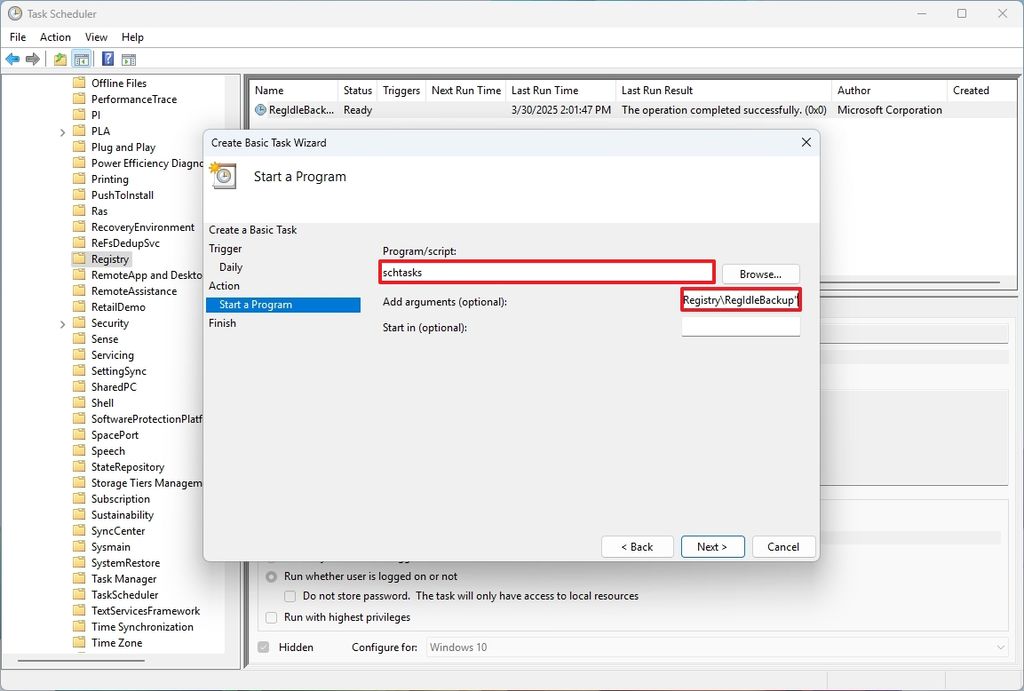 Configure task run a program to backup Registry