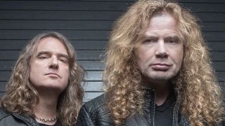 Megadeth’s David Ellefson and Dave Mustaine against a dark grey background
