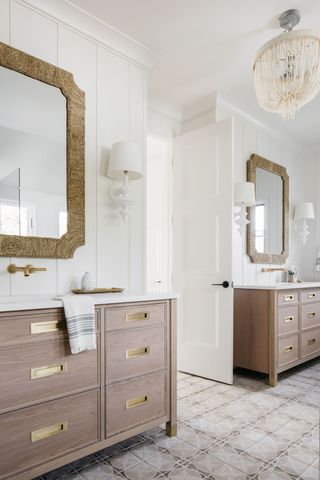 modern rustic bathroom with wooden beaded chandelier lighting by Kate Marker Interiors