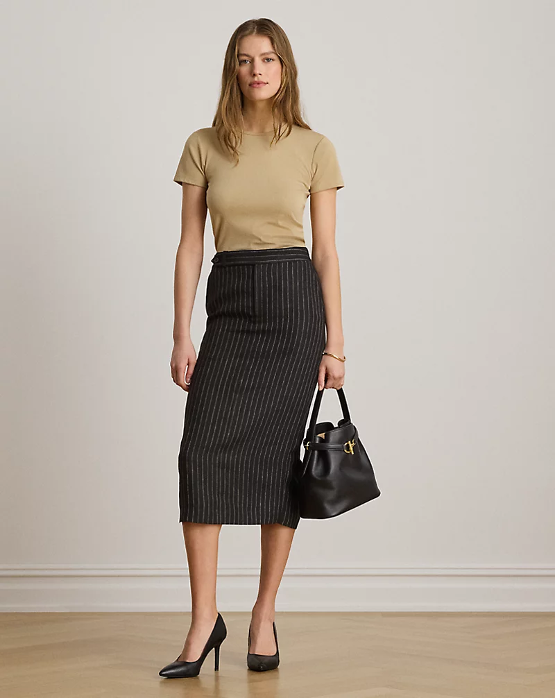 Chalk Stripe Linen Pencil Midi Skirt