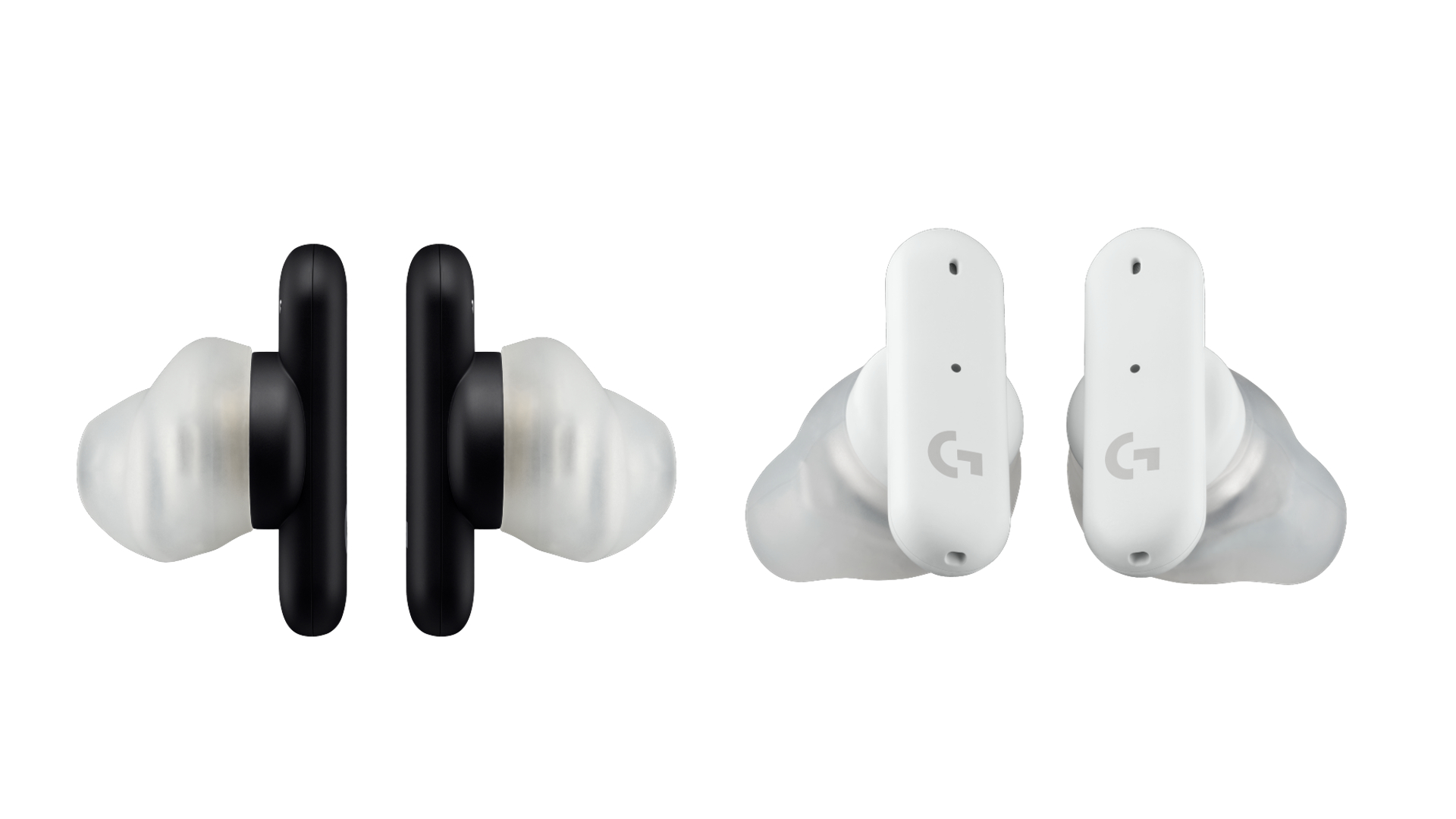 Logitech G FITS i sort/hvid og en hvid version på hvid baggrund