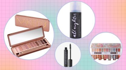 Urban Decay Black Friday sale on Naked3 eyeshadow palette, the Perversion voluminzing mascara, the All Nighter setting spray and Naked Cyber palette/ in a blue, pink and orange template