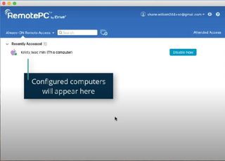 RemotePC's user inteface with recently-accessed or configured machines displayed