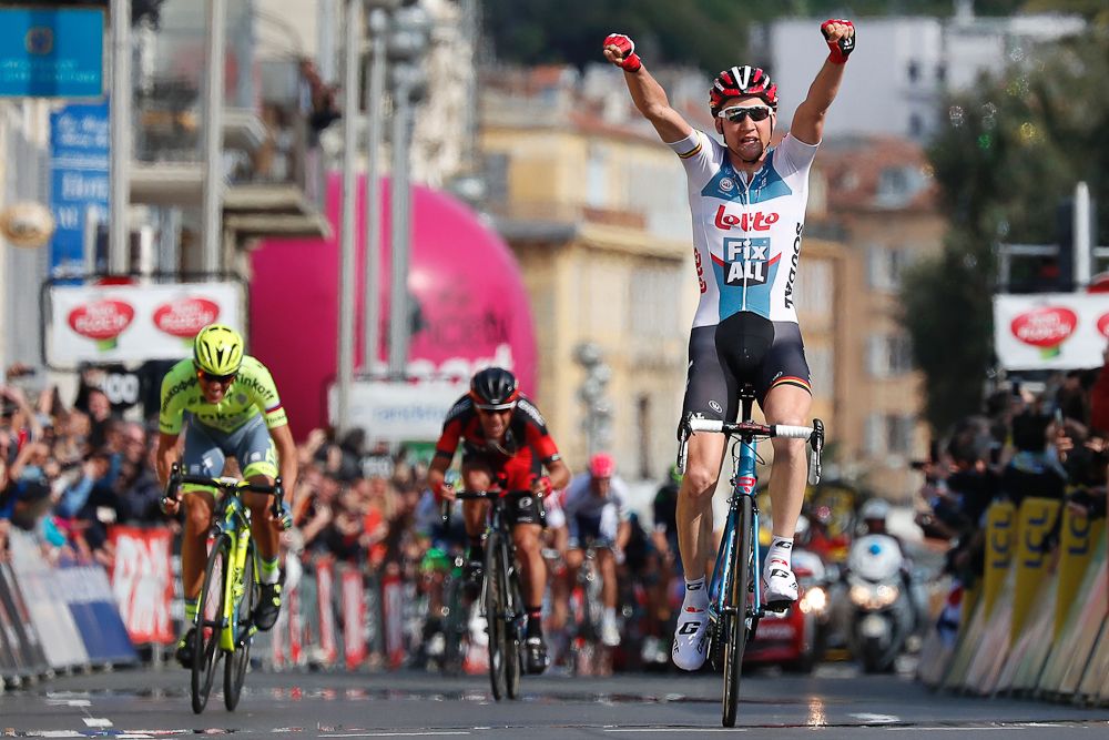 Tim Wellens of Belgium and Lotto Soudal celebrates as he crosses the finish line to win stage 7 of the 2016 Paris-Nice