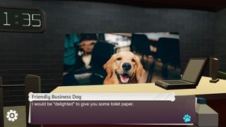 A game screenshot of a friendly golden retriever behind a till in a shop.