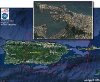 This image shows the Damage Proxy Map overlaid with an optical satellite image of Puerto Rico. The map covers an area of 105 by 60 miles (169 by 96 km), shown by the large red polygon in the figure. The inset, denoted by the orange rectangle, shows the extent of damage in and around the capital city of San Juan. 