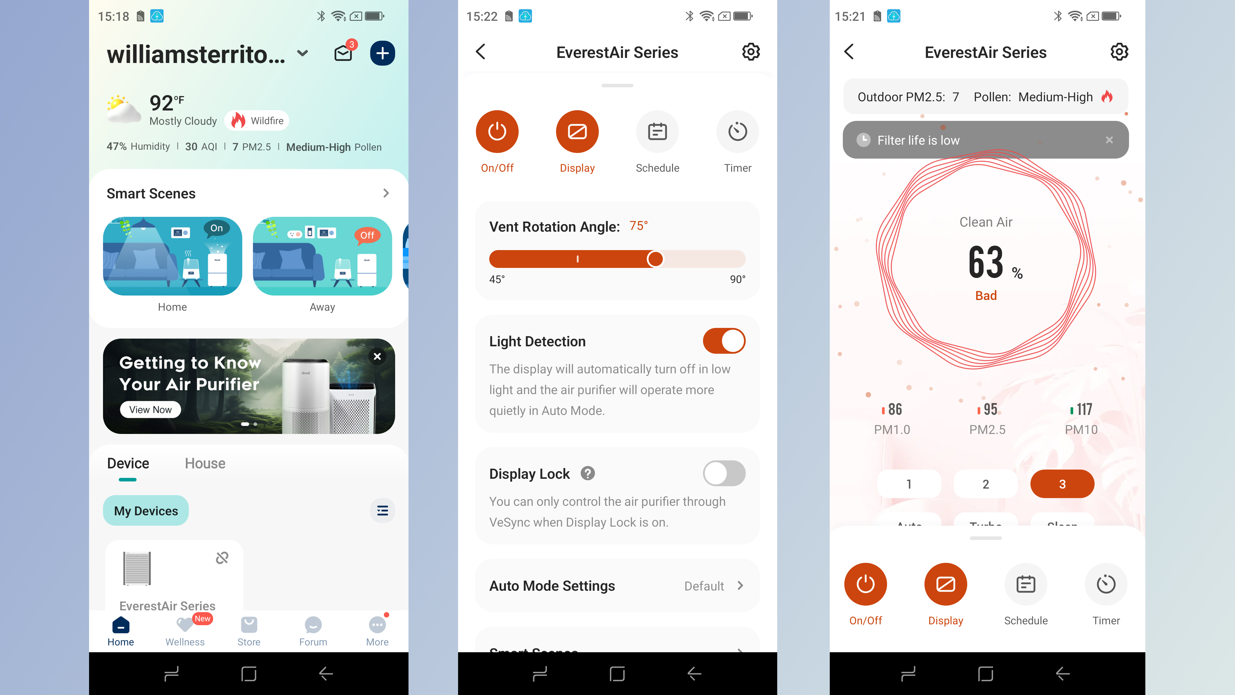 Screenshots from companion app for Levoit EverestAir air purifier