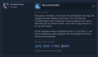 A positive Steam review for Shadow of the Erdtree, calling negative reviewers "maidenless cretins."