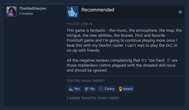 A positive Steam review for Shadow of the Erdtree, calling negative reviewers 