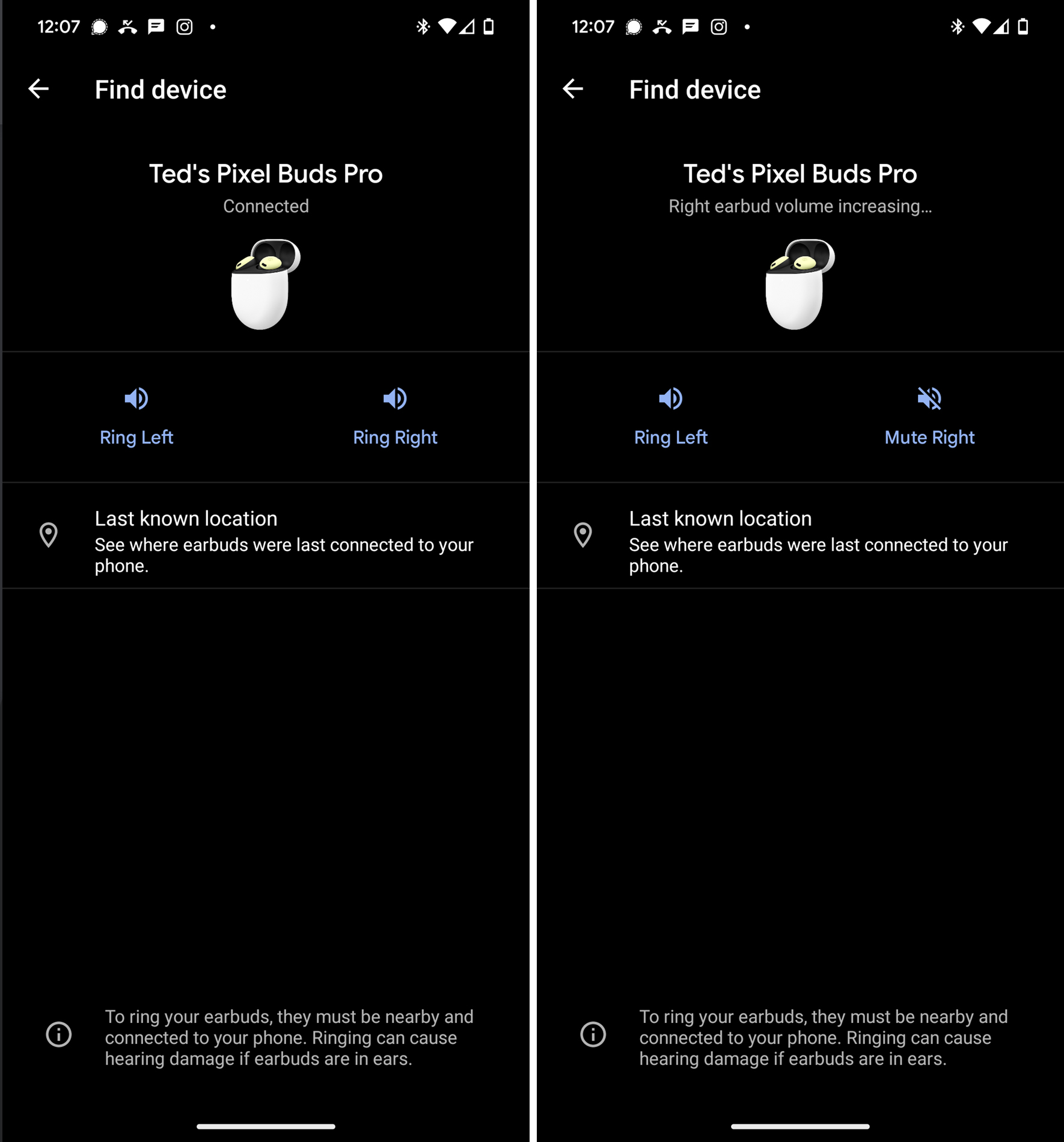 Screenshots showing Find Device for Google Pixel Buds Pro.