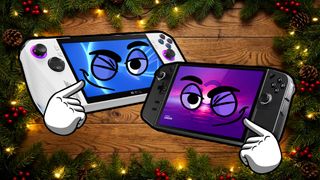 An ROG Ally with a winking face and a finger pointing to it and a Legion Go with a winking face and a finger pointing to it. Behind them is a wooden table with pine needles, pine cones, holly berries, and holiday lights.