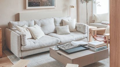 A bright living room with a deep three-seater cream sofa and a storage coffee table