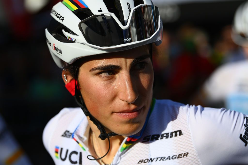 VADUZ SWITZERLAND JUNE 18 Detail view of Elisa Balsamo of Italy and Team Trek Segafredo prior to the 2nd Tour de Suisse Women 2022 Stage 1 a 46km stage from Vaduz to Vaduz ourdesuisse2022 on June 18 2022 in Vaduz Switzerland Photo by Tim de WaeleGetty Images