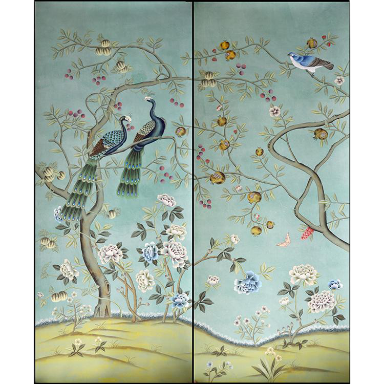 Chinoiserie Peacock Hand Painted Wallpaper Mural Panels on Blue Edo Silk Panel - 2 Panels