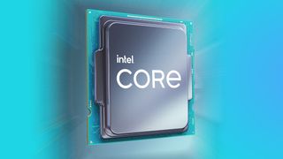 Intel Rocket Lake CPU render with blurred CPU behind and blue background