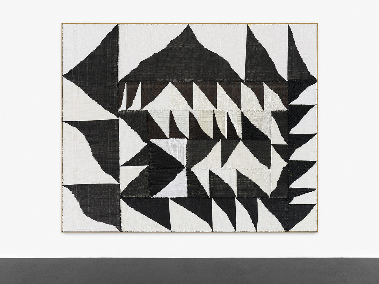 Stretched over raw canvas in graphic compositions, the abstract artworks that Wadden weaves are characterised by their wobbly lines and undisguised errors