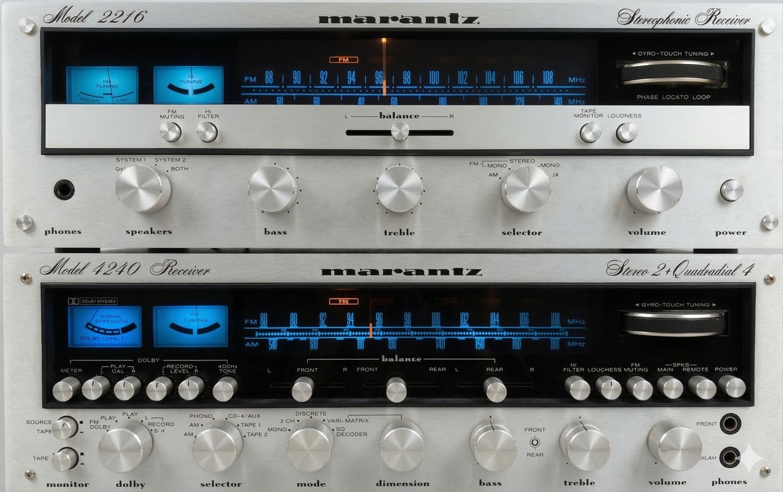 Two Marantz vintage stereo equipment pieces are stacked one on top of the other. They have a blue light and many dials. Gemini provided a minor edit to the photo, removing the background.