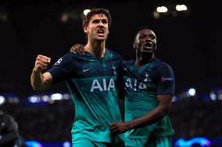 Tottenham Hotspur’s Fernando Llorente and Victor Wanyama (right) celebrate after the final whistle of the Champions League quarter-final