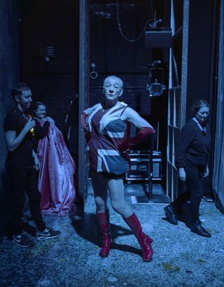 Actor Ian McKellen in the wings during his performance as Mother Goose in the pantomime of the same name.