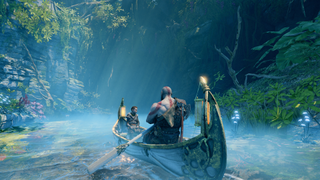Kratos and son in a boat