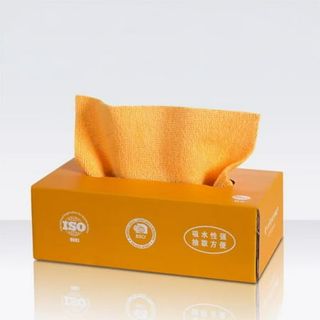 An orange cardboard both with cloths sticking out like tissues