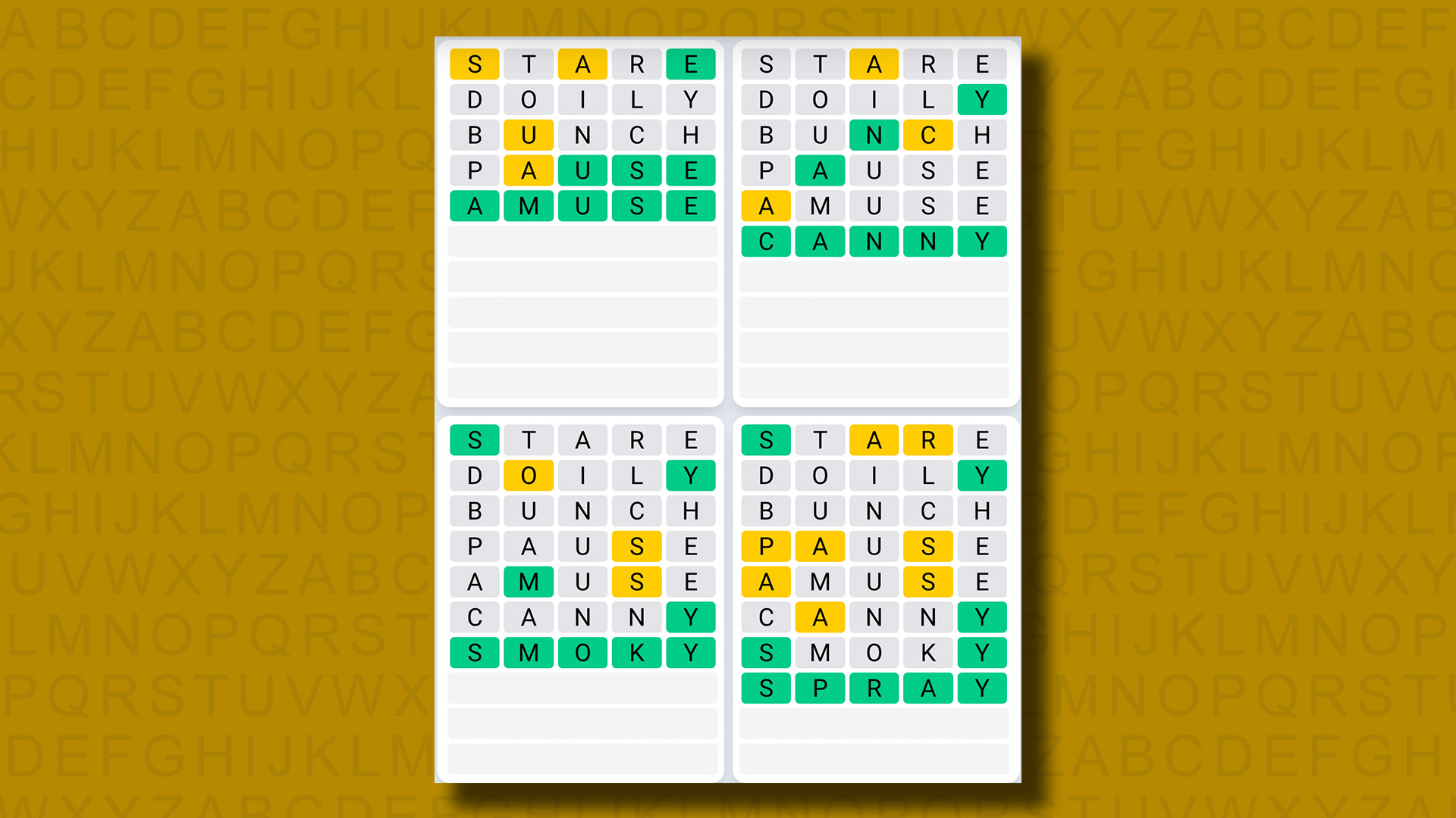 Quordle Daily Sequence Answers for Game 928 on a Yellow Background