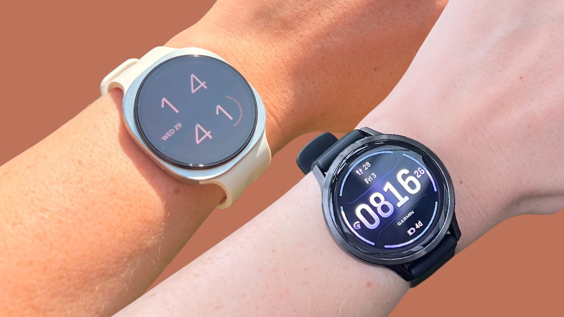Grace Walsh wearing the Garmin Venu 4 and Samsung Galaxy Watch 9 on each wrist