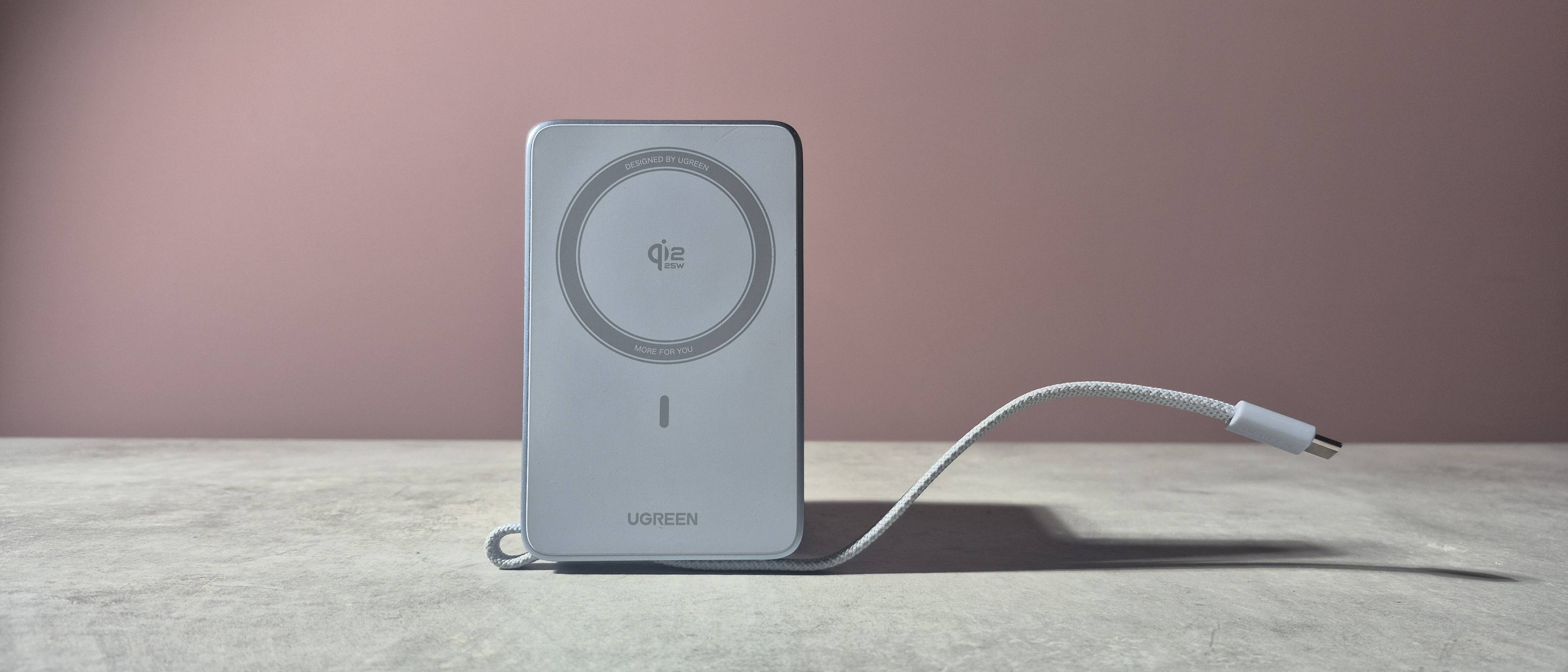 UGreen MagFlow Magnetic Wireless Power Bank 10000mAh Qi2 25W with integrated cable exposed