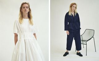 Two images, Left- model wearing white dress, Right- model wearing blue trousers and top