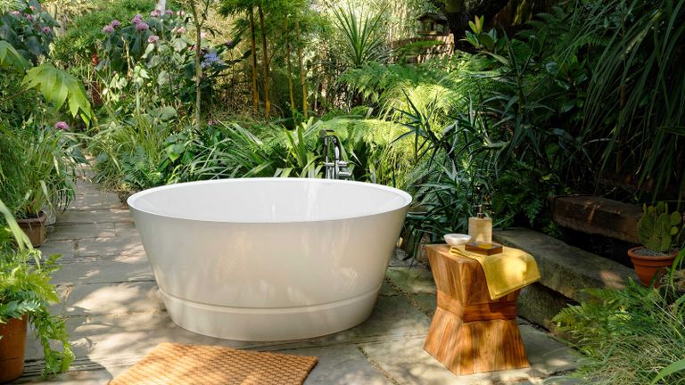 outdoor bathroom mistakes: Victoria + Albert Baths taizu bathtub outdoors
