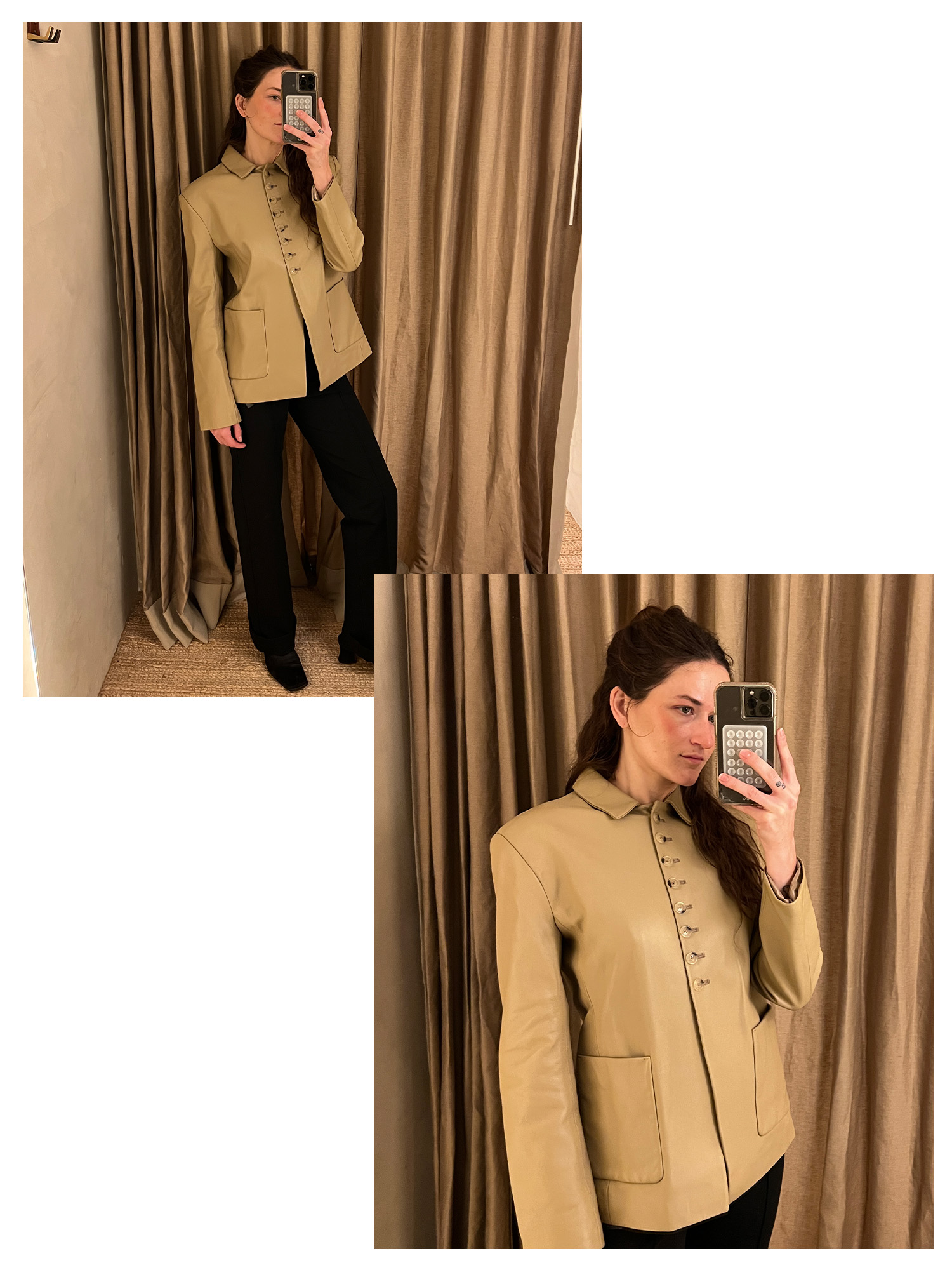 Two photos of Eliza Huber trying on a camel leather blazer and black pants from Kallmeyer's Upper East Side store's dressing room.