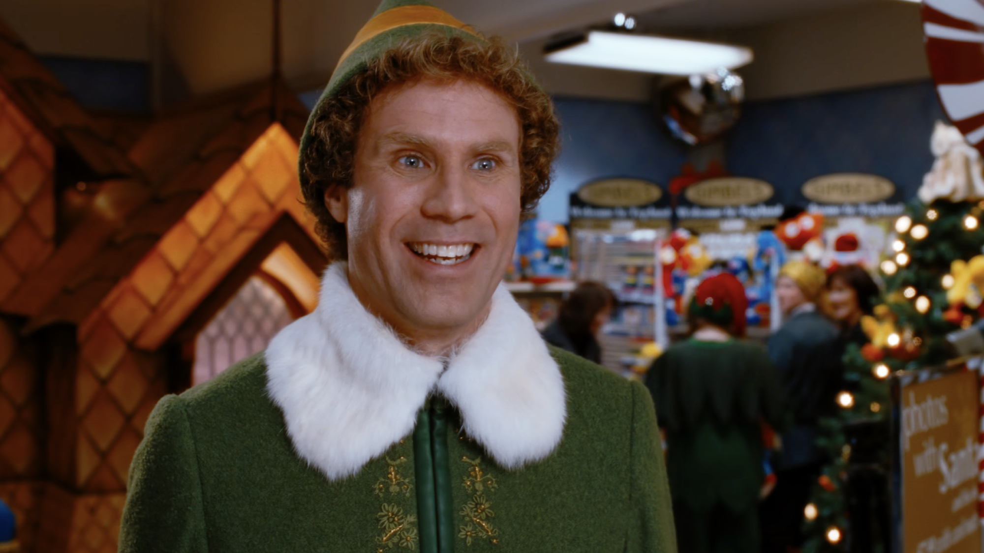 Will Ferrell playing a smiley Buddy the Elf in Elf.
