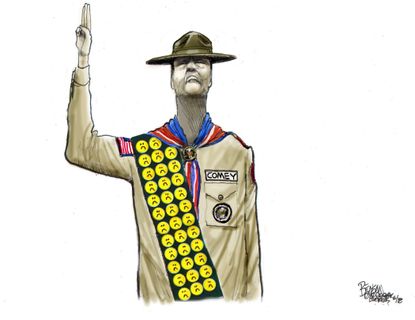 Political cartoon U.S. James Comey Russia investigation boy scout