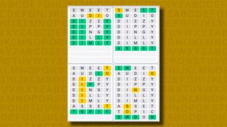 Quordle Daily Sequence answers for game 1108 on a yellow background