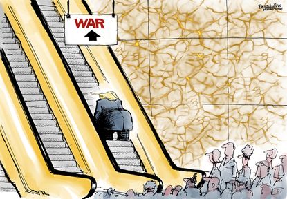 Political Cartoon U.S. Trump Escalator To War Iran