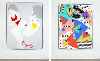Two images, Left- reclining female figurations on a mattress, Right- technicolour graphics on a mattress