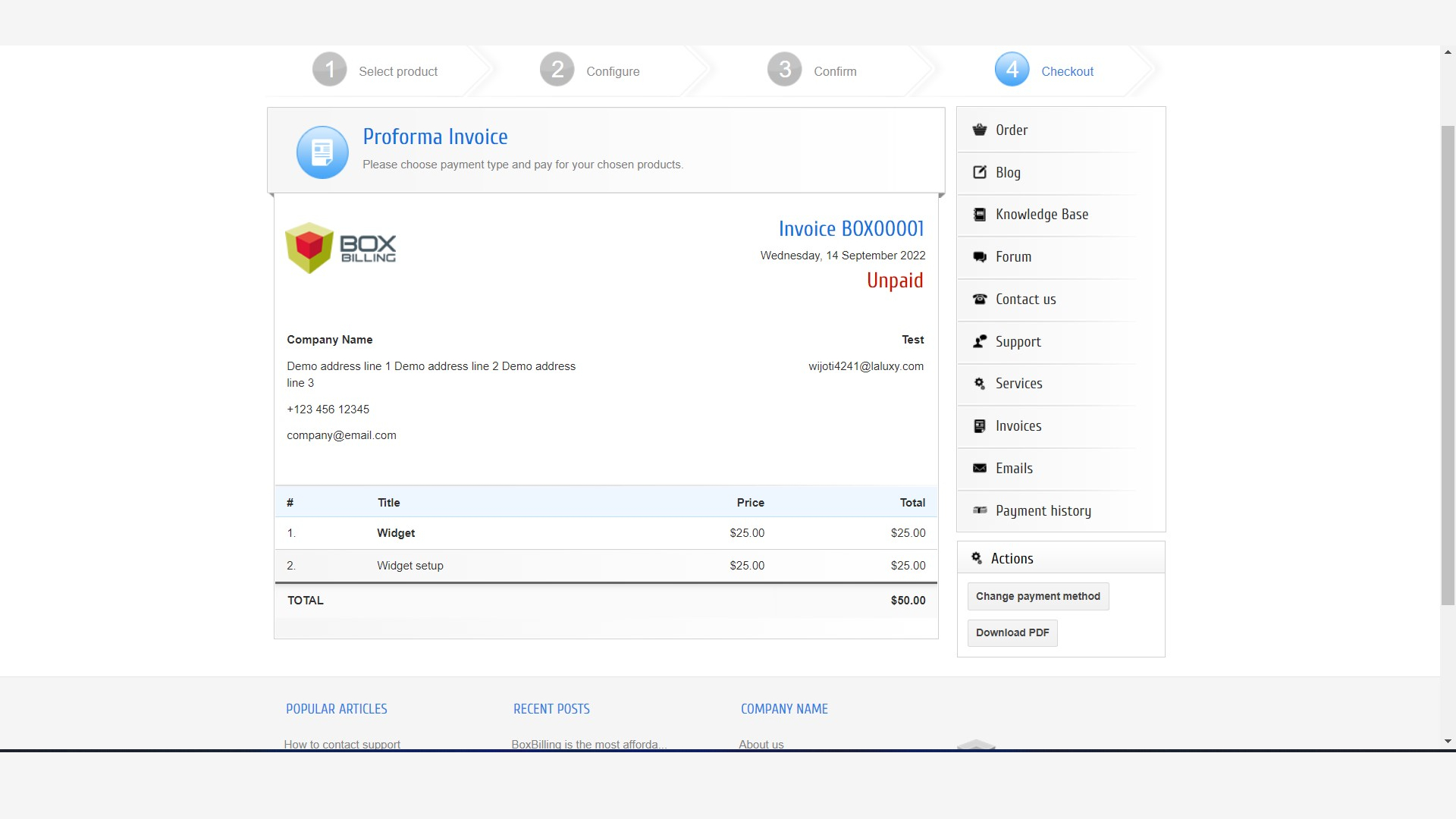 BoxBilling’s invoice menu